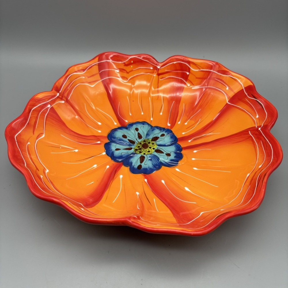 Laurie Gates Hand Painted Orange Flower Serving Plate Bowl Dish Dishwasher Safe